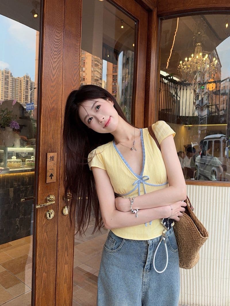 한 부서 순수한 욕망 배색 V넥 반팔 티셔츠 여성 여름 허리 수축 슬림해 보이는 레이스 레이스 품격 맨위 2026 새로운 상세 이미지 11