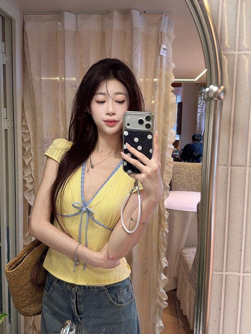 한 부서 순수한 욕망 배색 V넥 반팔 티셔츠 여성 여름 허리 수축 슬림해 보이는 레이스 레이스 품격 맨위 2026 새로운 상세 이미지 15