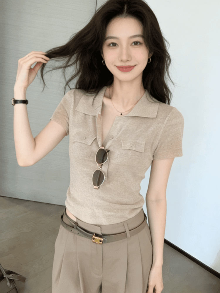 오래된 돈 바람 POLO 칼라 긍정적 인 어깨 반팔 티셔츠 여성 여름 고급 센스 몸매 가꾸기 쇼트 스타일 니트 스웨터 폴로 칼라 맨위 얇은 상세 이미지 3