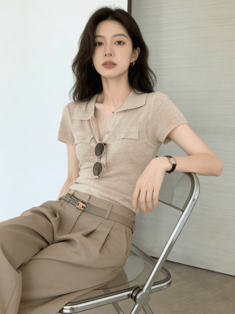 오래된 돈 바람 POLO 칼라 긍정적 인 어깨 반팔 티셔츠 여성 여름 고급 센스 몸매 가꾸기 쇼트 스타일 니트 스웨터 폴로 칼라 맨위 얇은 상세 이미지 5