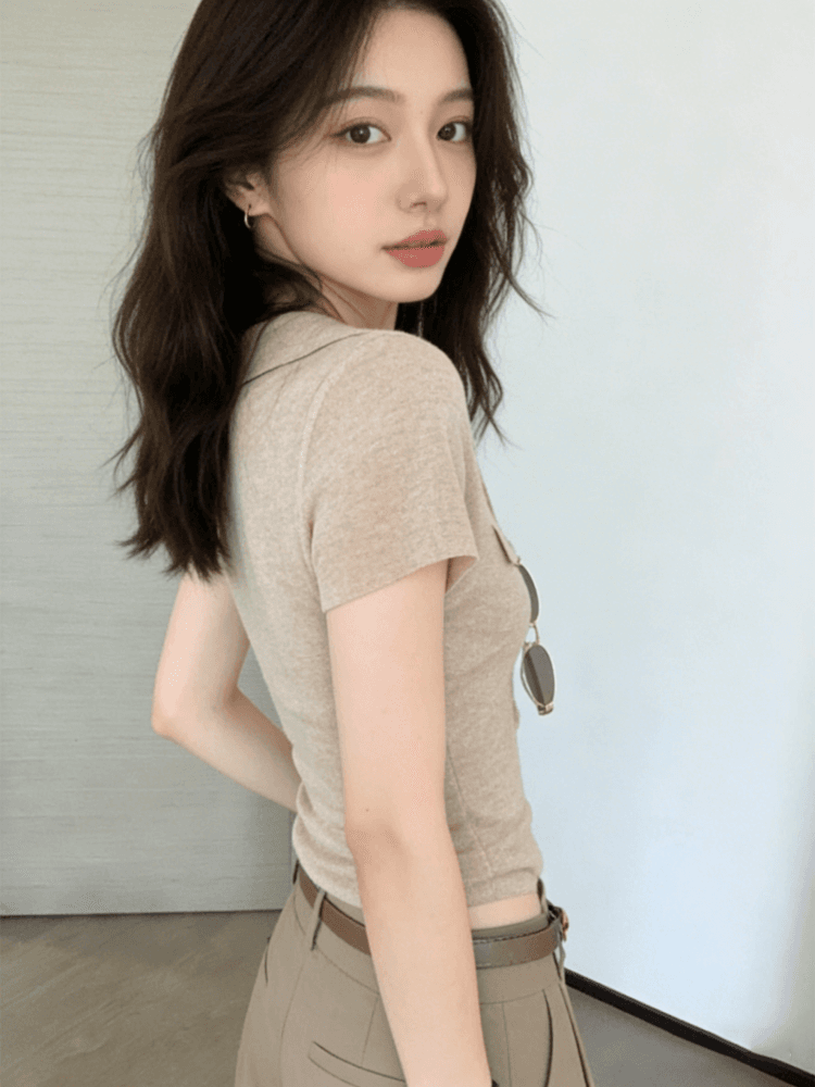 오래된 돈 바람 POLO 칼라 긍정적 인 어깨 반팔 티셔츠 여성 여름 고급 센스 몸매 가꾸기 쇼트 스타일 니트 스웨터 폴로 칼라 맨위 얇은 상세 이미지 8
