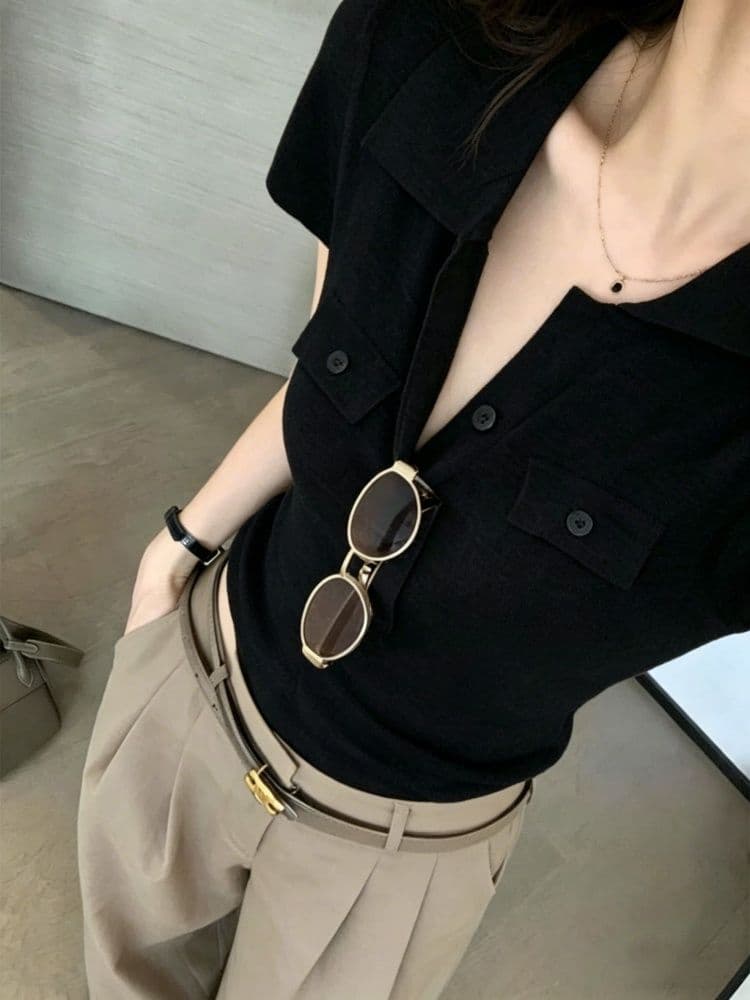 오래된 돈 바람 POLO 칼라 긍정적 인 어깨 반팔 티셔츠 여성 여름 고급 센스 몸매 가꾸기 쇼트 스타일 니트 스웨터 폴로 칼라 맨위 얇은 상세 이미지 13