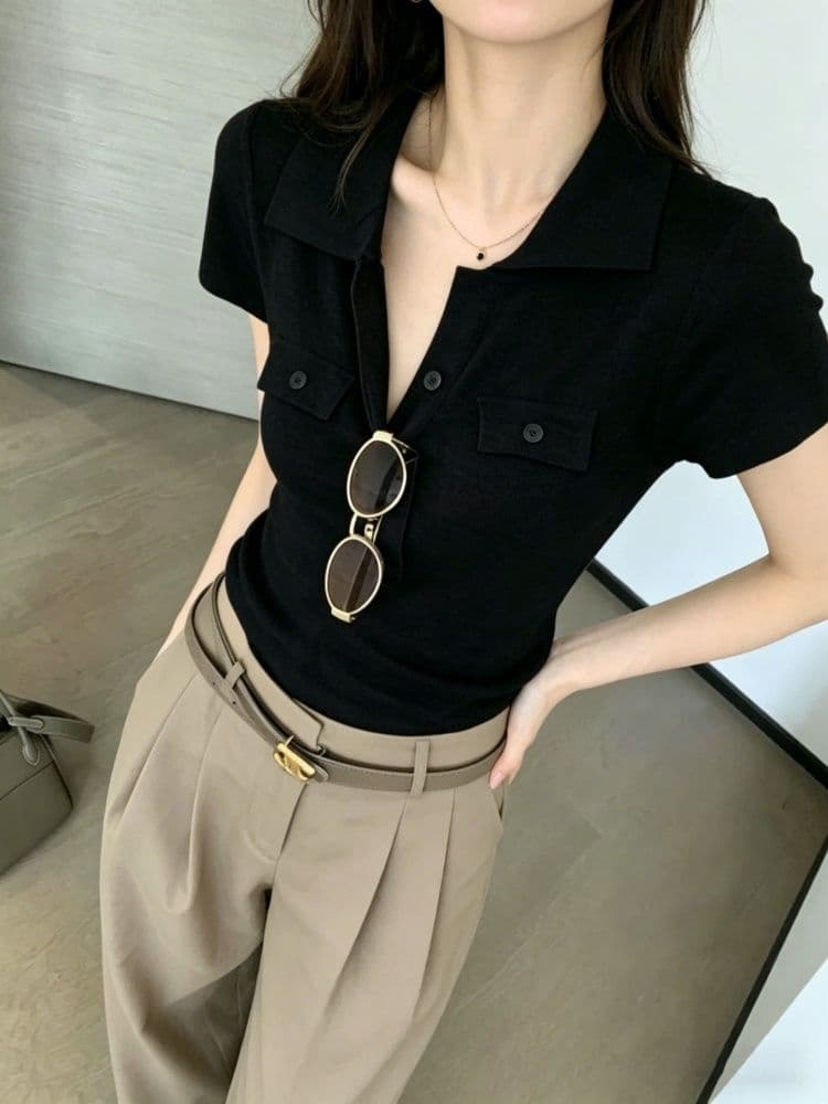 오래된 돈 바람 POLO 칼라 긍정적 인 어깨 반팔 티셔츠 여성 여름 고급 센스 몸매 가꾸기 쇼트 스타일 니트 스웨터 폴로 칼라 맨위 얇은 상세 이미지 14