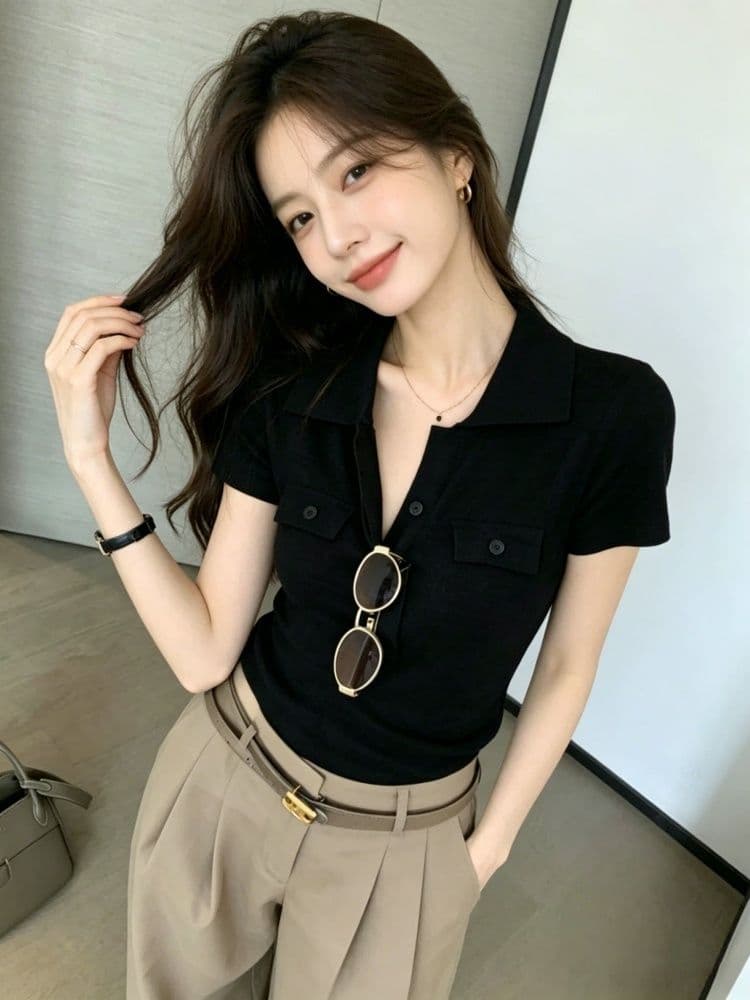 오래된 돈 바람 POLO 칼라 긍정적 인 어깨 반팔 티셔츠 여성 여름 고급 센스 몸매 가꾸기 쇼트 스타일 니트 스웨터 폴로 칼라 맨위 얇은 상세 이미지 16