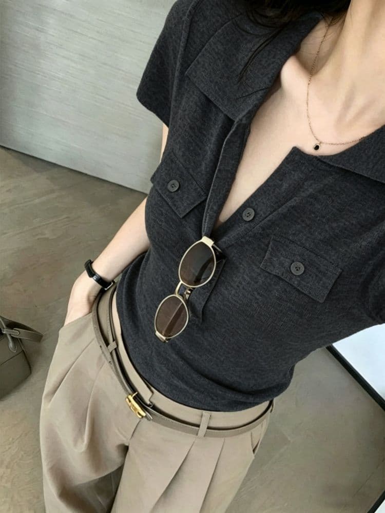 오래된 돈 바람 POLO 칼라 긍정적 인 어깨 반팔 티셔츠 여성 여름 고급 센스 몸매 가꾸기 쇼트 스타일 니트 스웨터 폴로 칼라 맨위 얇은 상세 이미지 17