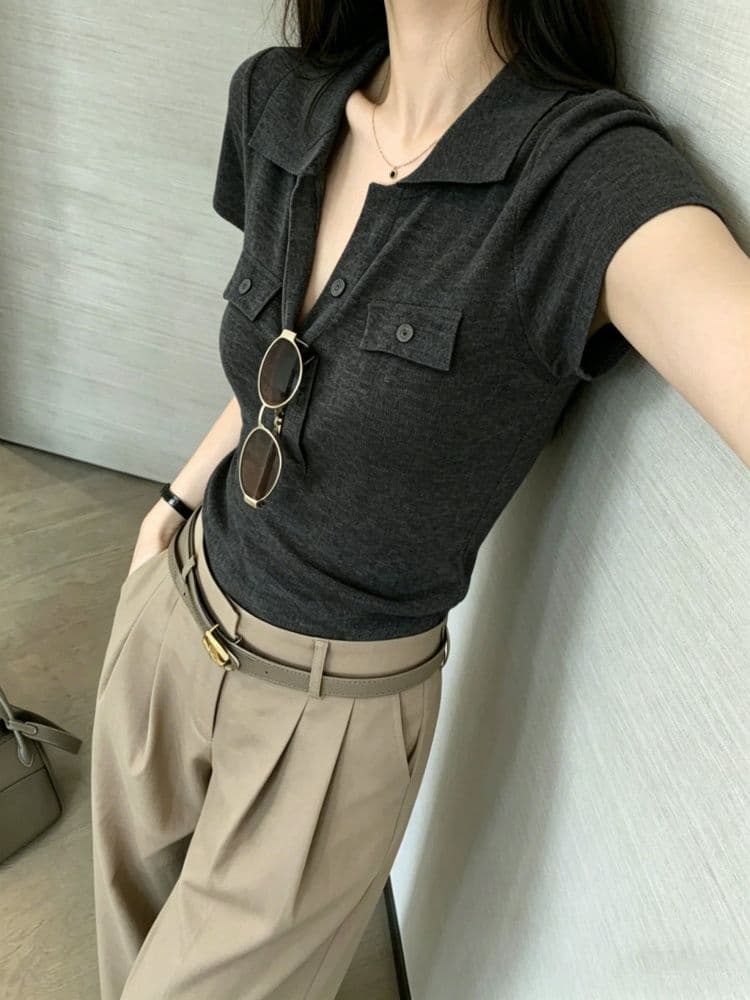오래된 돈 바람 POLO 칼라 긍정적 인 어깨 반팔 티셔츠 여성 여름 고급 센스 몸매 가꾸기 쇼트 스타일 니트 스웨터 폴로 칼라 맨위 얇은 상세 이미지 18