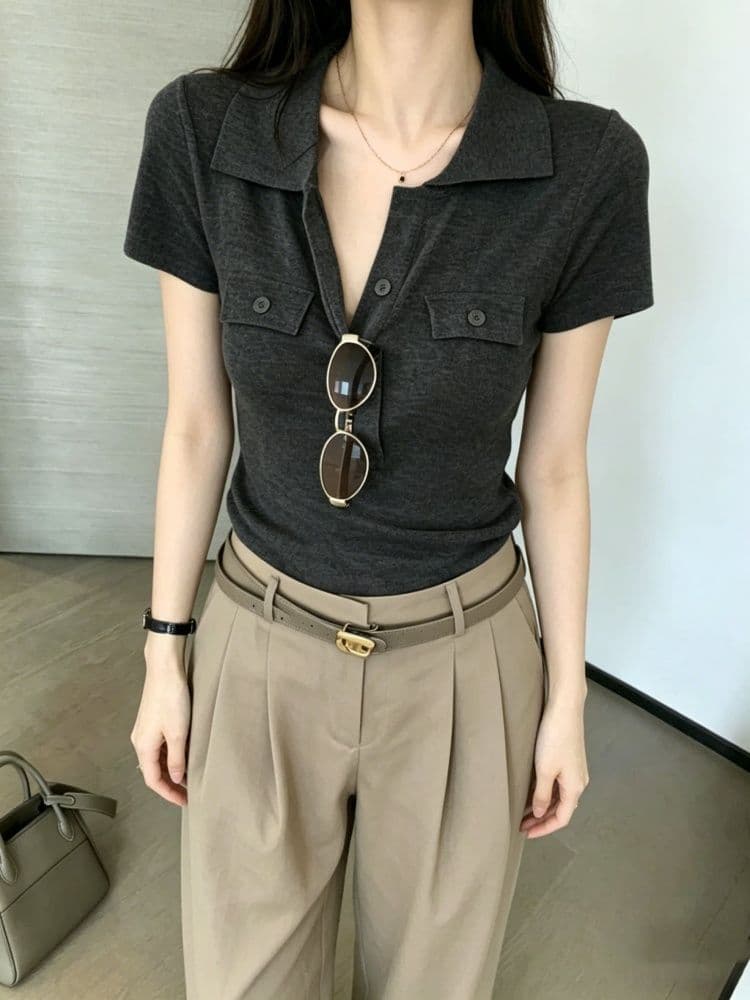 오래된 돈 바람 POLO 칼라 긍정적 인 어깨 반팔 티셔츠 여성 여름 고급 센스 몸매 가꾸기 쇼트 스타일 니트 스웨터 폴로 칼라 맨위 얇은 상세 이미지 19
