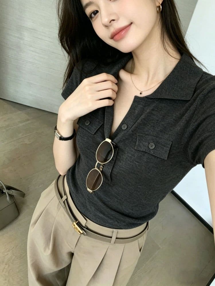 오래된 돈 바람 POLO 칼라 긍정적 인 어깨 반팔 티셔츠 여성 여름 고급 센스 몸매 가꾸기 쇼트 스타일 니트 스웨터 폴로 칼라 맨위 얇은 상세 이미지 20