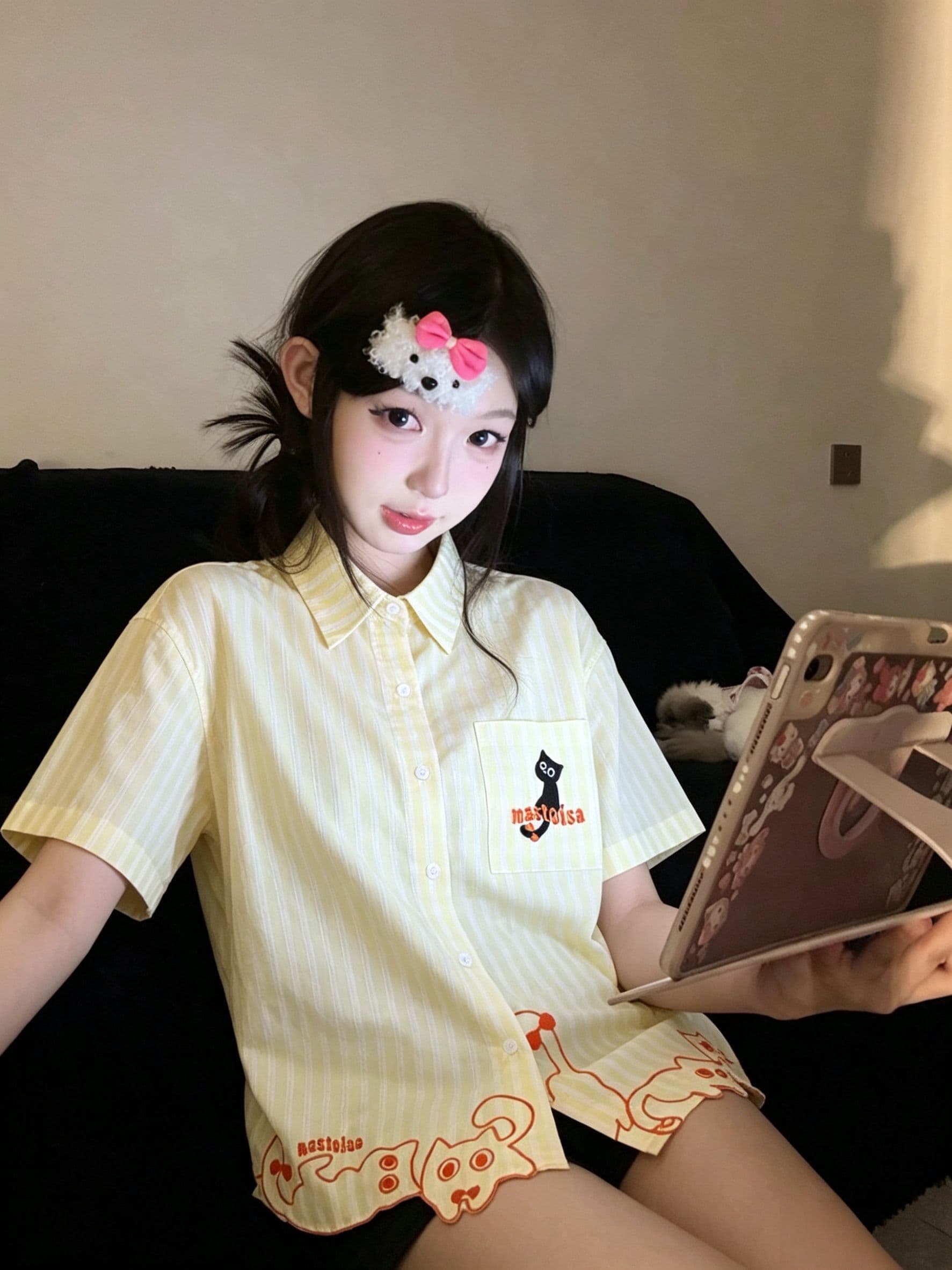 자수 원본 공예 셔틀 직물 50 면 50 폴리 에스터 polo 루즈핏 반팔 여성 셔츠 상세 이미지 3