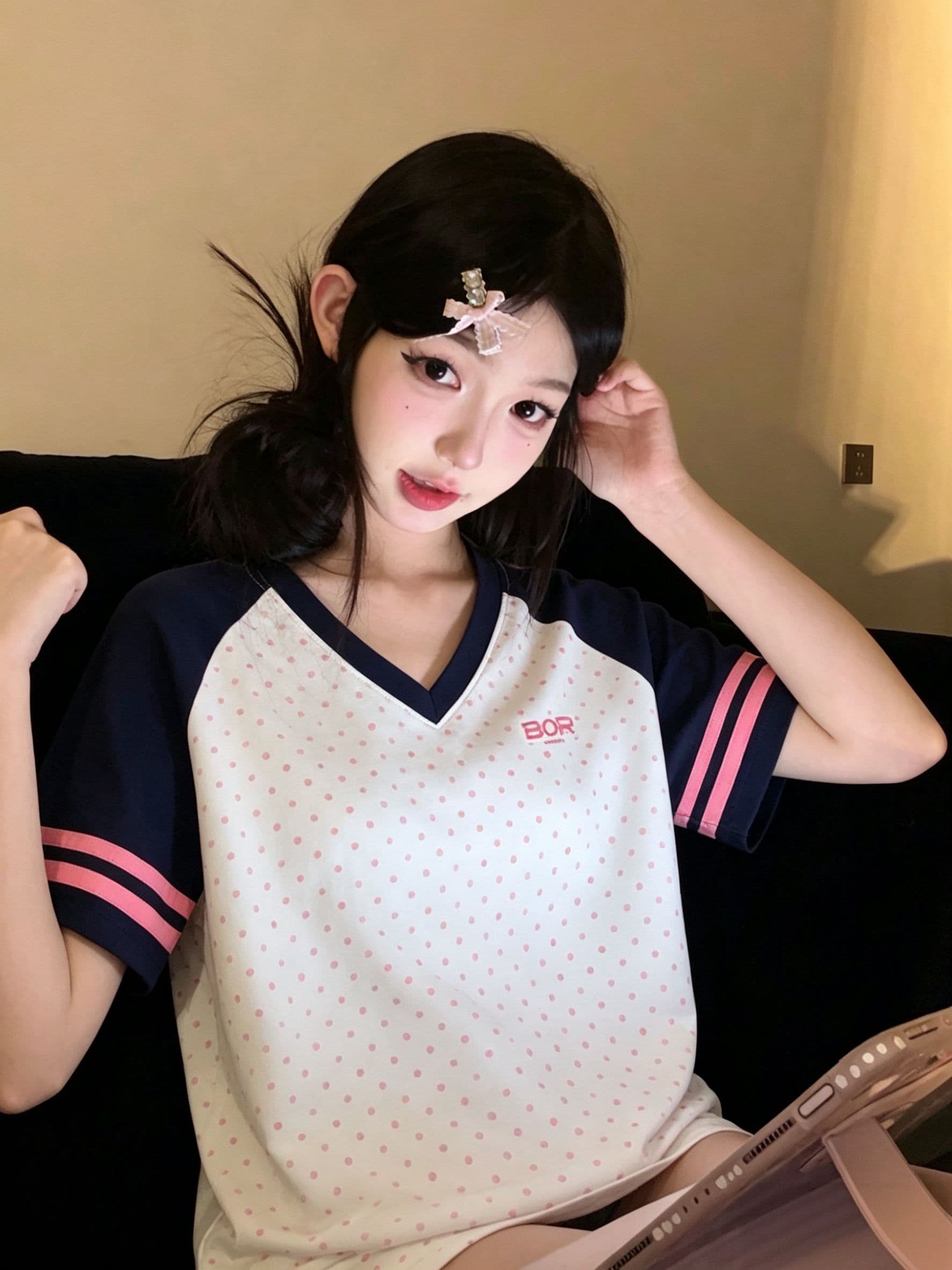루즈핏 에디션 천 프린트 19 지점 220 그램 순면 삽입 어깨 소매 반팔 티셔츠 여성 이미지 3