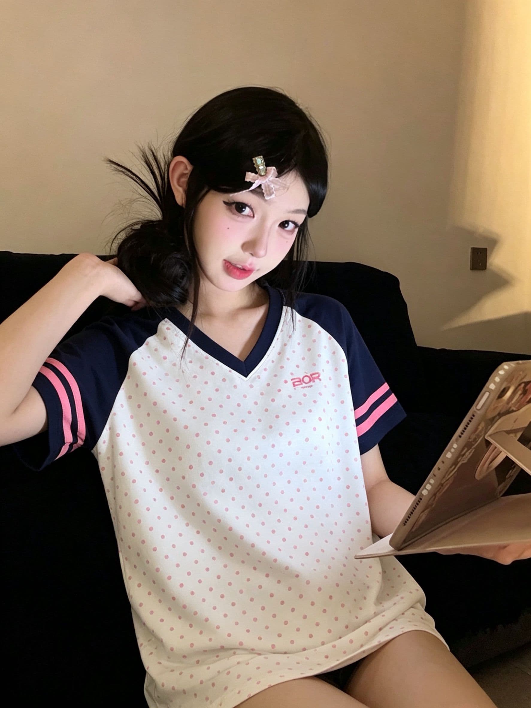 루즈핏 에디션 천 프린트 19 지점 220 그램 순면 삽입 어깨 소매 반팔 티셔츠 여성 상세 이미지 4