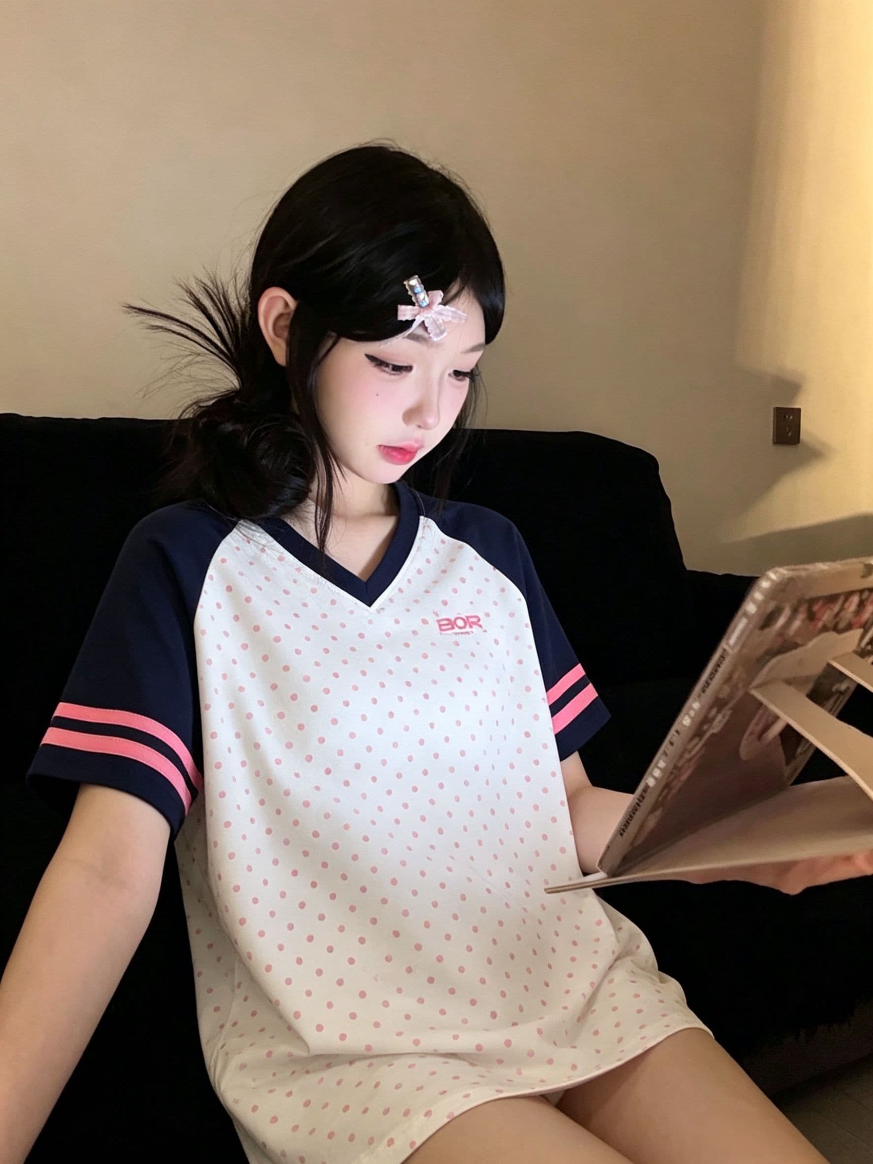 루즈핏 에디션 천 프린트 19 지점 220 그램 순면 삽입 어깨 소매 반팔 티셔츠 여성 상세 이미지 6