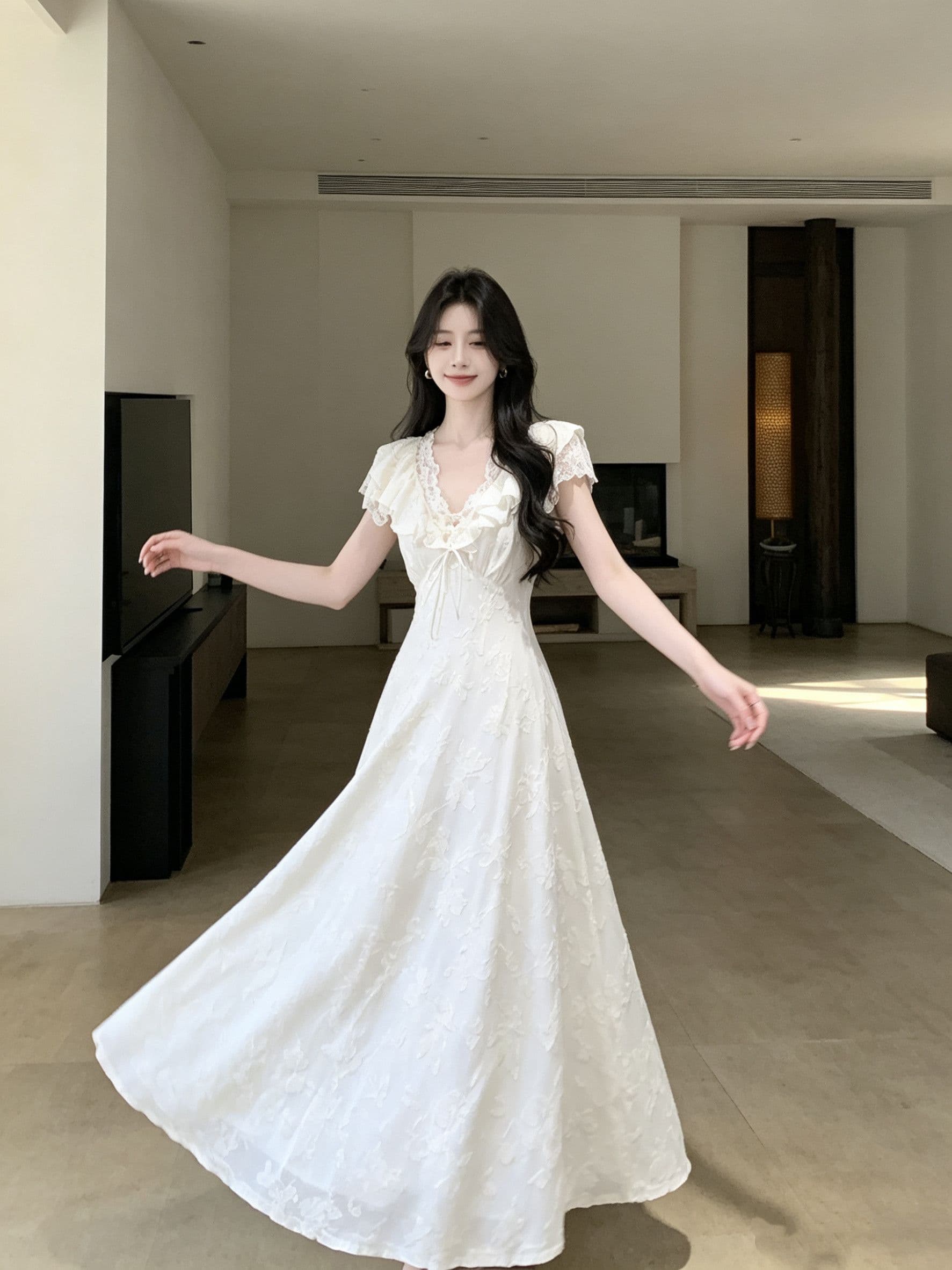 초여름 자이언트 잘 생긴 부드러운 바람 센 부서 착용 가져 가라. 화이트 여성 드레스 2026 새로운 프랑스식 요정 레이스 드레스 이미지 3