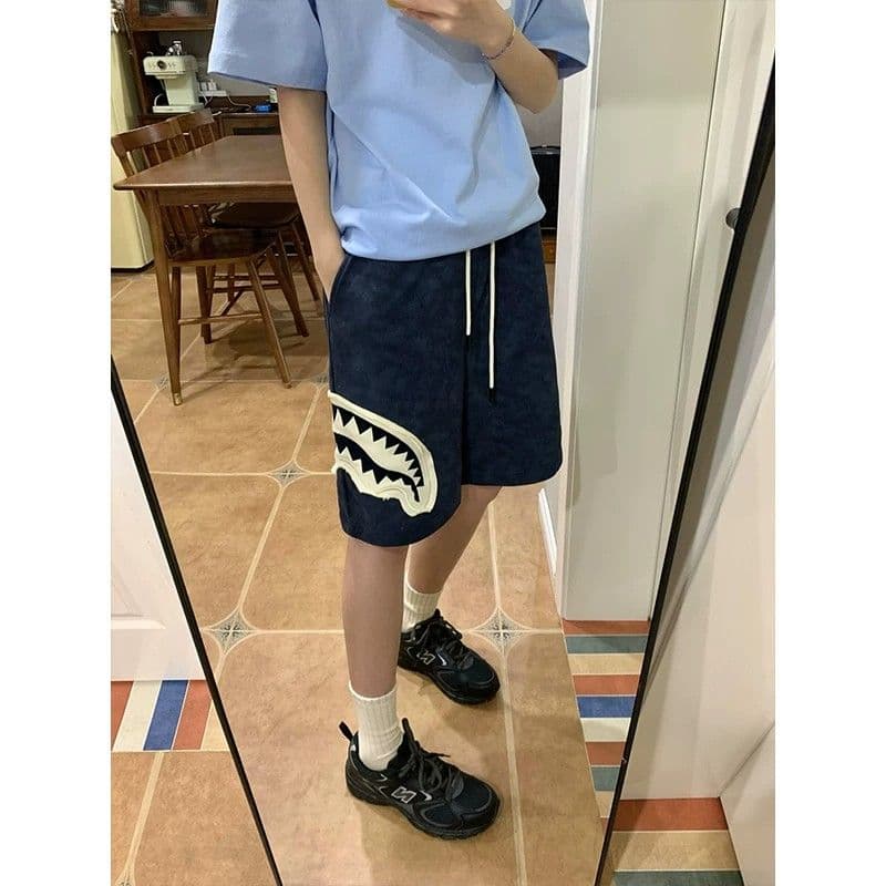 원본 홀치기 염색 공예 상어 오픈 토 패치 반바지 남녀 조수 브랜드 캐주얼 스트레이트 팬츠 운동 웨이 바지 오부 바지