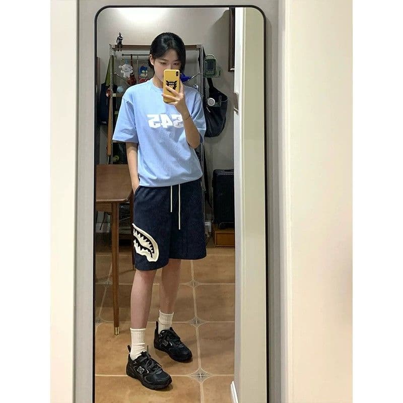 원본 홀치기 염색 공예 상어 오픈 토 패치 반바지 남녀 조수 브랜드 캐주얼 스트레이트 팬츠 운동 웨이 바지 오부 바지 이미지 2