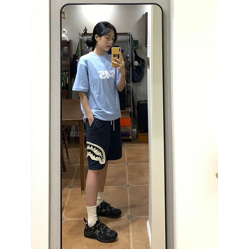 원본 홀치기 염색 공예 상어 오픈 토 패치 반바지 남녀 조수 브랜드 캐주얼 스트레이트 팬츠 운동 웨이 바지 오부 바지 이미지 5