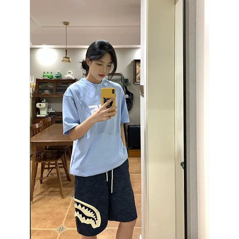 원본 홀치기 염색 공예 상어 오픈 토 패치 반바지 남녀 조수 브랜드 캐주얼 스트레이트 팬츠 운동 웨이 바지 오부 바지 상세 이미지 4
