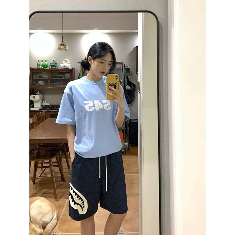 원본 홀치기 염색 공예 상어 오픈 토 패치 반바지 남녀 조수 브랜드 캐주얼 스트레이트 팬츠 운동 웨이 바지 오부 바지 상세 이미지 5