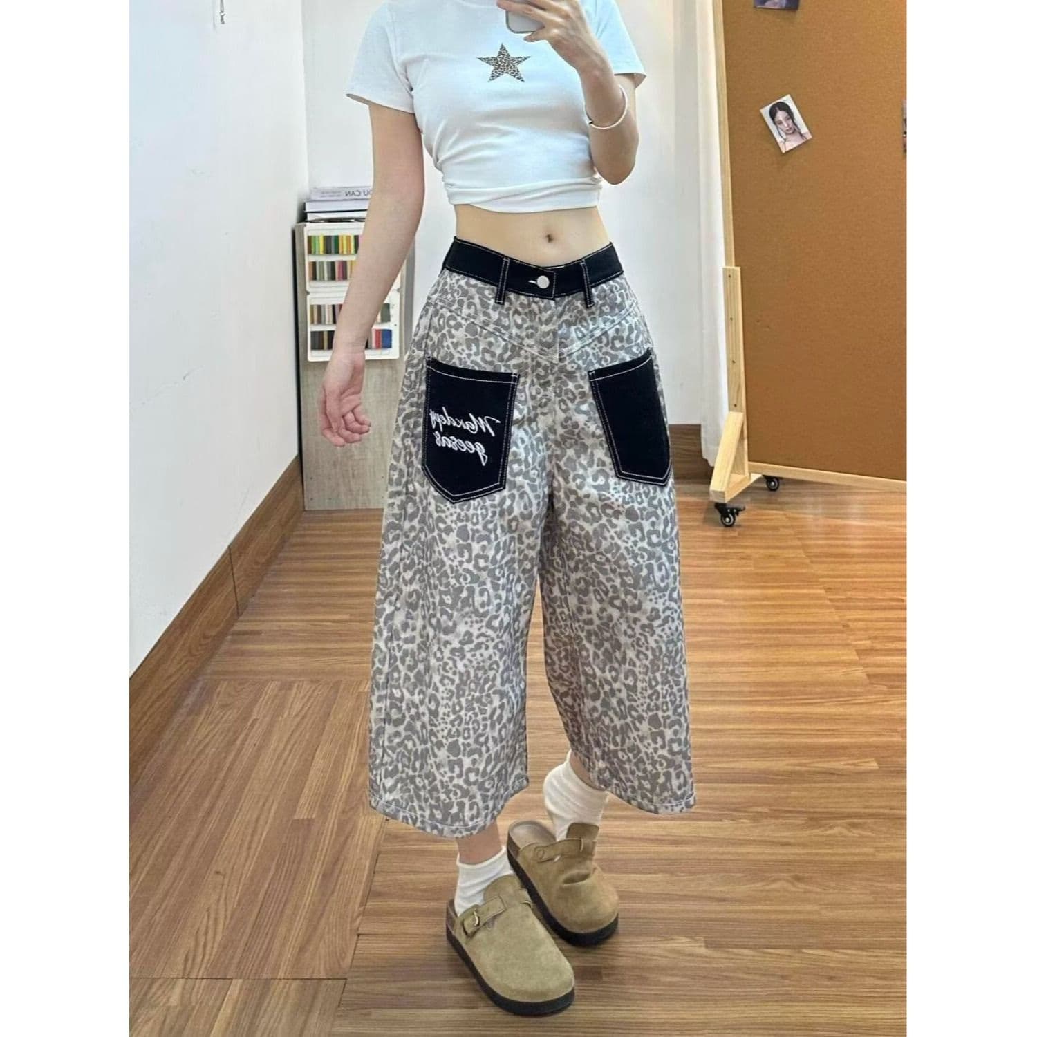 아메리칸 레오파드 무늬 패치 주머니 7 점 청바지 여자 여름 루즈핏 스트레이트 바지 캐주얼 다용도 와이드 레그 팬츠 이미지 2