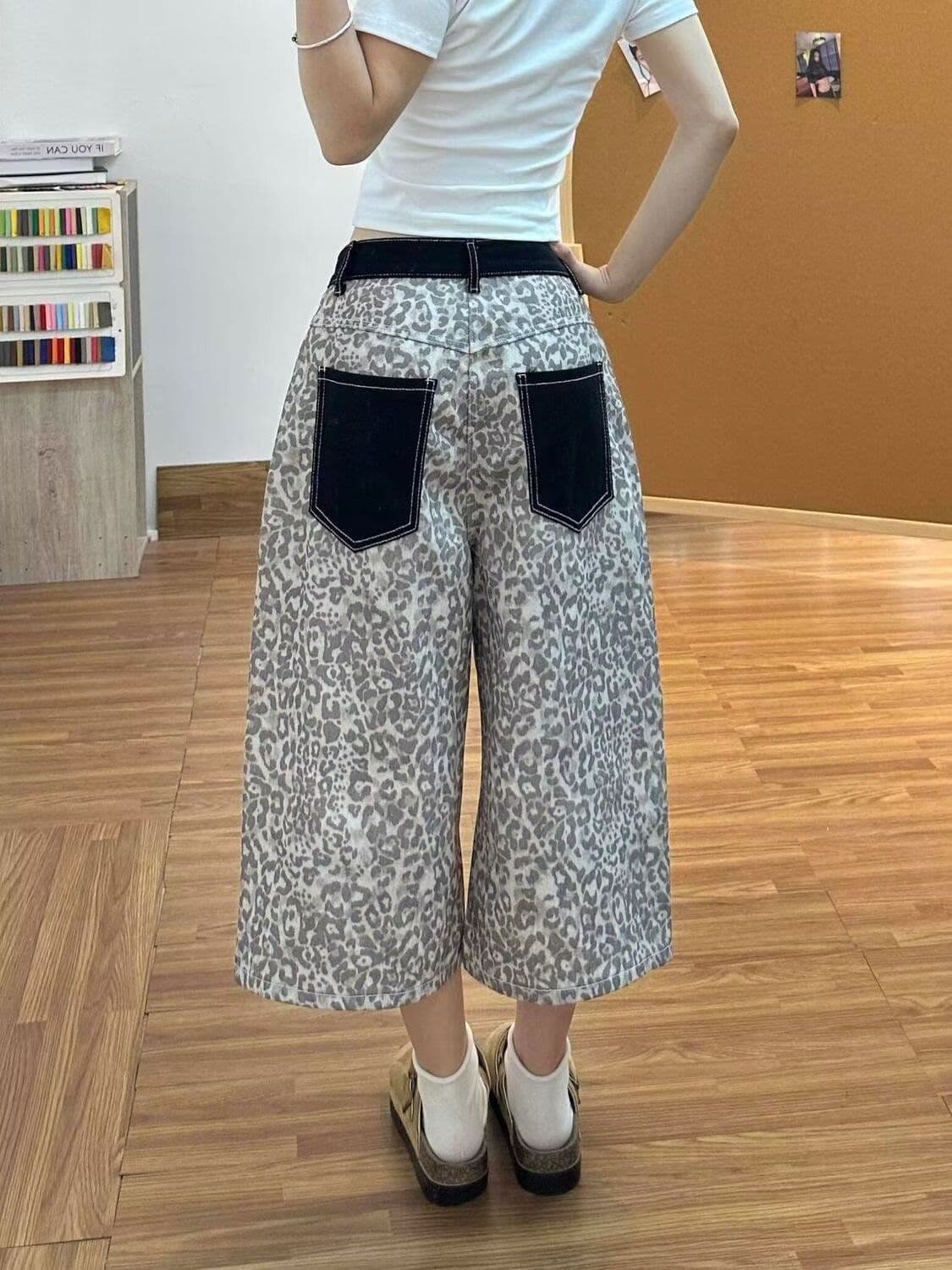 아메리칸 레오파드 무늬 패치 주머니 7 점 청바지 여자 여름 루즈핏 스트레이트 바지 캐주얼 다용도 와이드 레그 팬츠 상세 이미지 4
