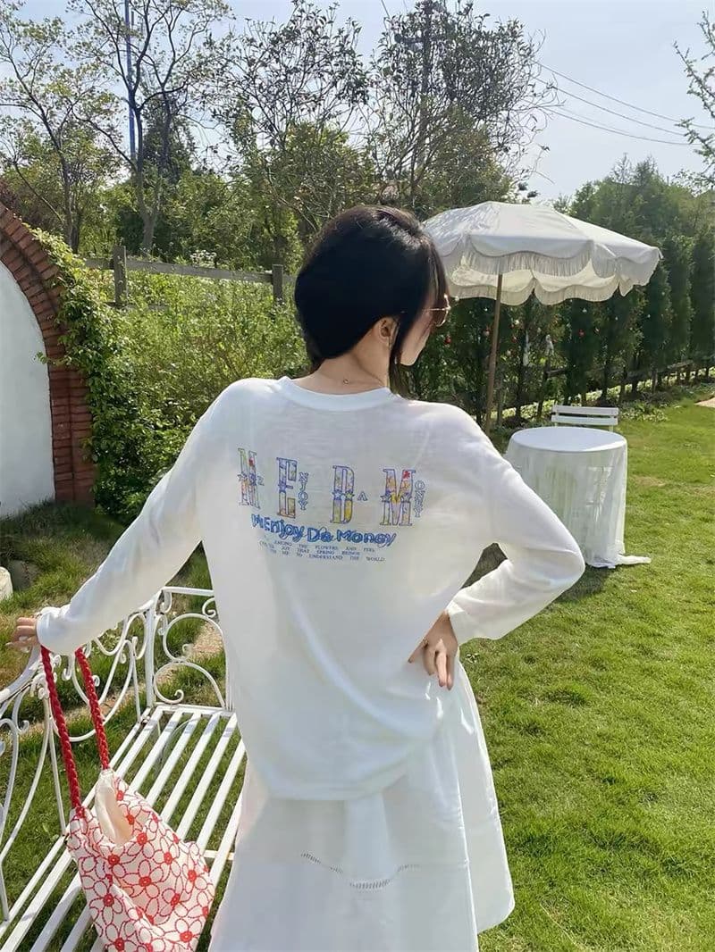 식물 꽃무늬 프린트 긴팔 티셔츠 느긋한 가벼움 통기성 에어컨 블라우스 자외선 차단 화이트 맨위 여성 상세 이미지 4