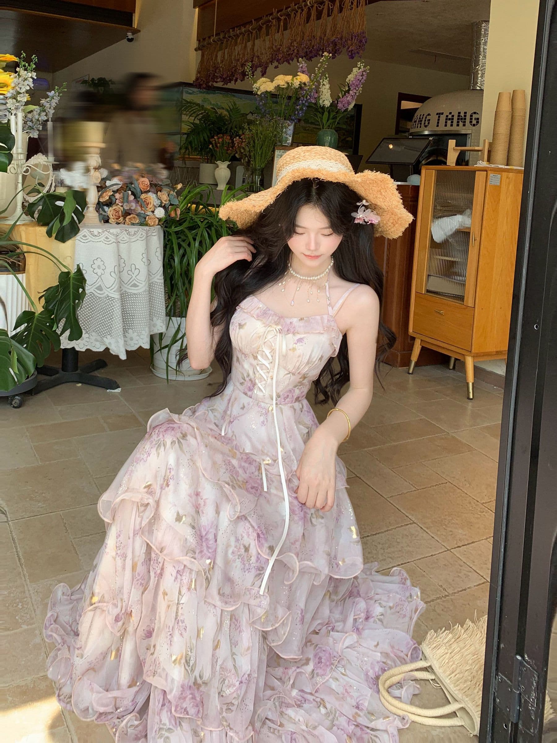 blovelan 수달 얕은 꿈 여름 새로운 프랑스식 꽃무늬 슬립 드레스 프린트 스트랩 허리 수축 다중 레이어 롱 스커트 이미지 2