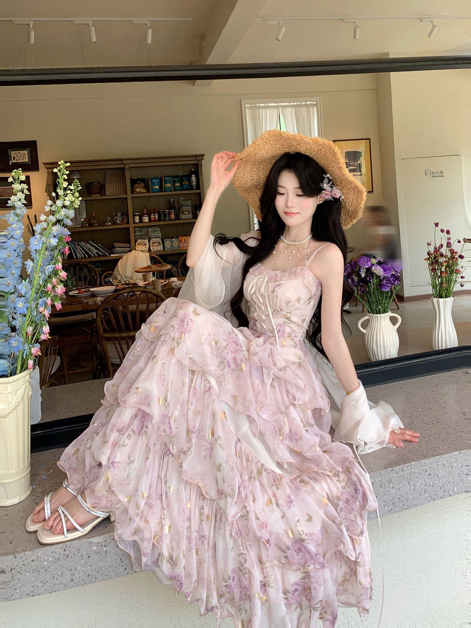 blovelan 수달 얕은 꿈 여름 새로운 프랑스식 꽃무늬 슬립 드레스 프린트 스트랩 허리 수축 다중 레이어 롱 스커트 이미지 3