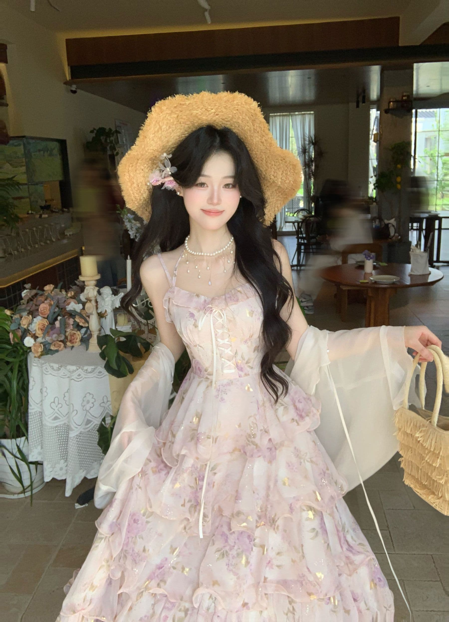 blovelan 수달 얕은 꿈 여름 새로운 프랑스식 꽃무늬 슬립 드레스 프린트 스트랩 허리 수축 다중 레이어 롱 스커트 상세 이미지 7