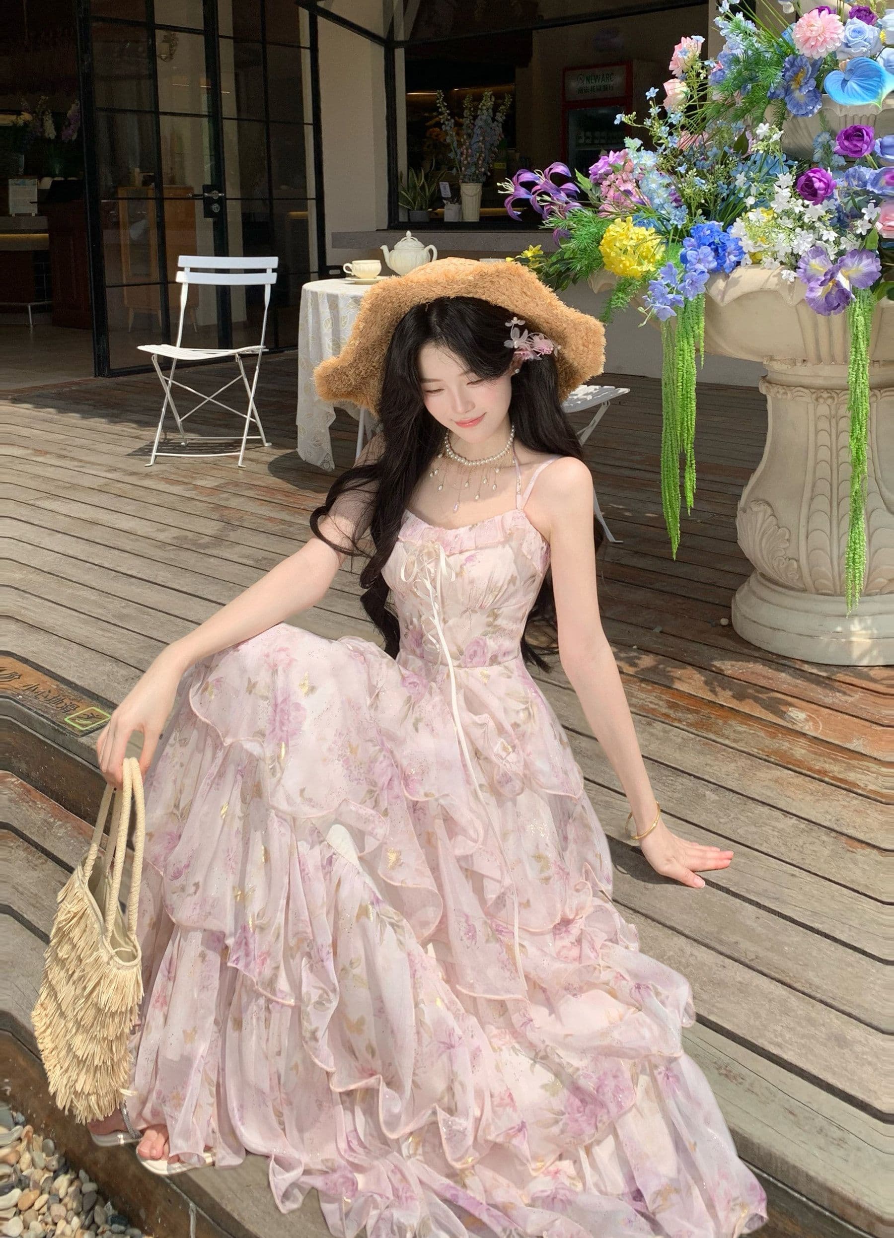 blovelan 수달 얕은 꿈 여름 새로운 프랑스식 꽃무늬 슬립 드레스 프린트 스트랩 허리 수축 다중 레이어 롱 스커트 상세 이미지 9