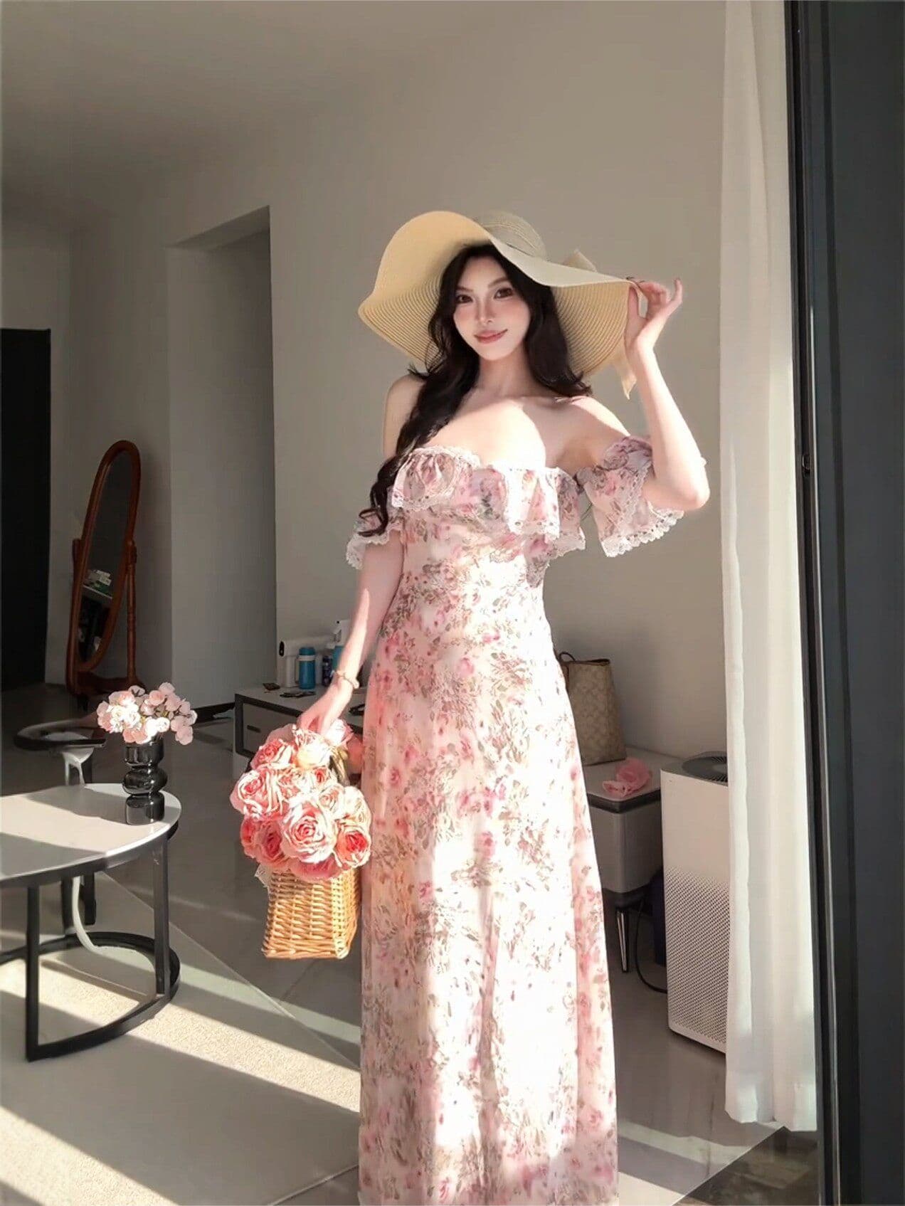 오프숄더 프랑스식 깨진 꽃차 휴식 여성 드레스 여름 휴가 부드러운 바람 롱 스커트 허리 수축 아름다운 품격 치마 이미지 4