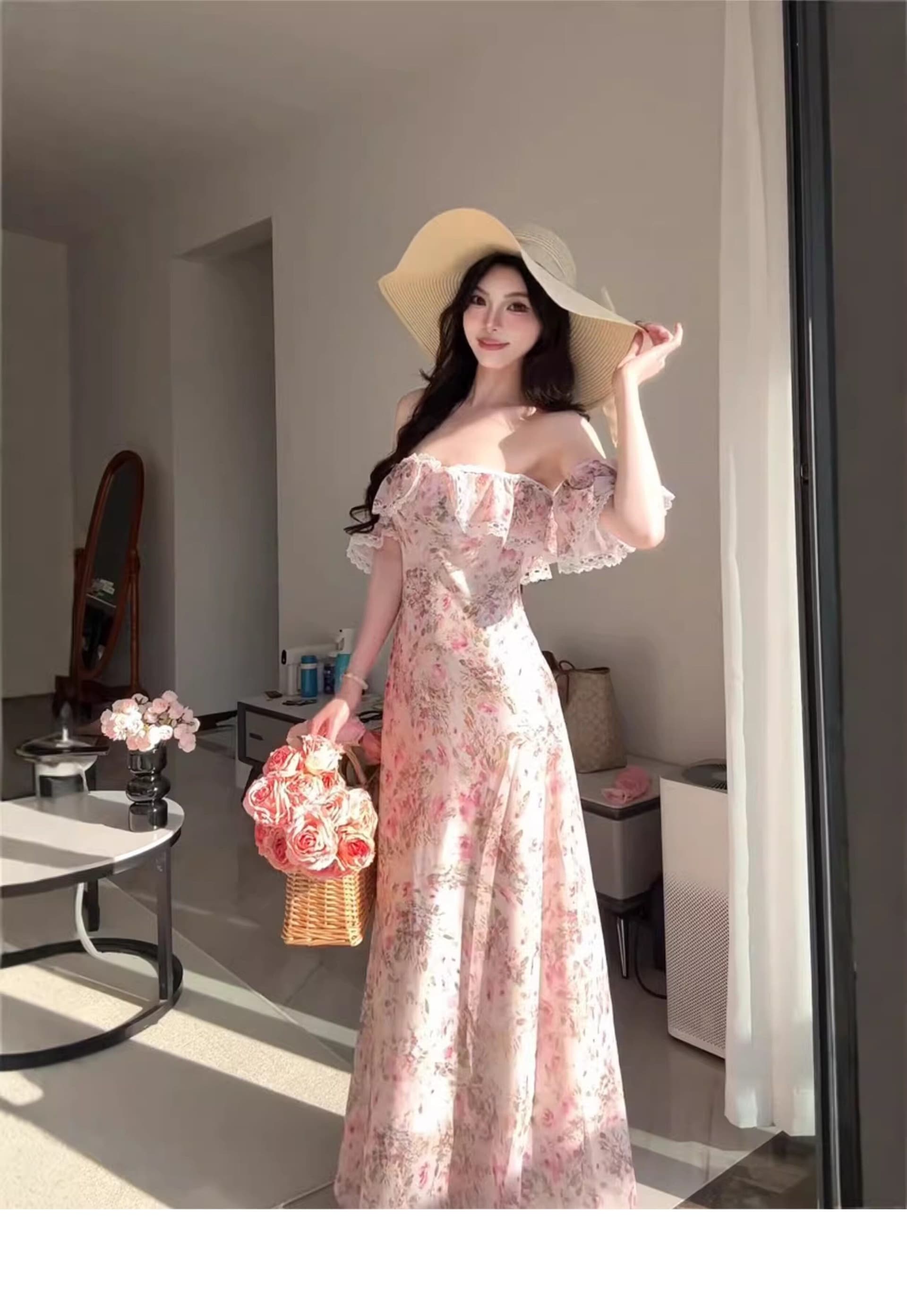오프숄더 프랑스식 깨진 꽃차 휴식 여성 드레스 여름 휴가 부드러운 바람 롱 스커트 허리 수축 아름다운 품격 치마 상세 이미지 5