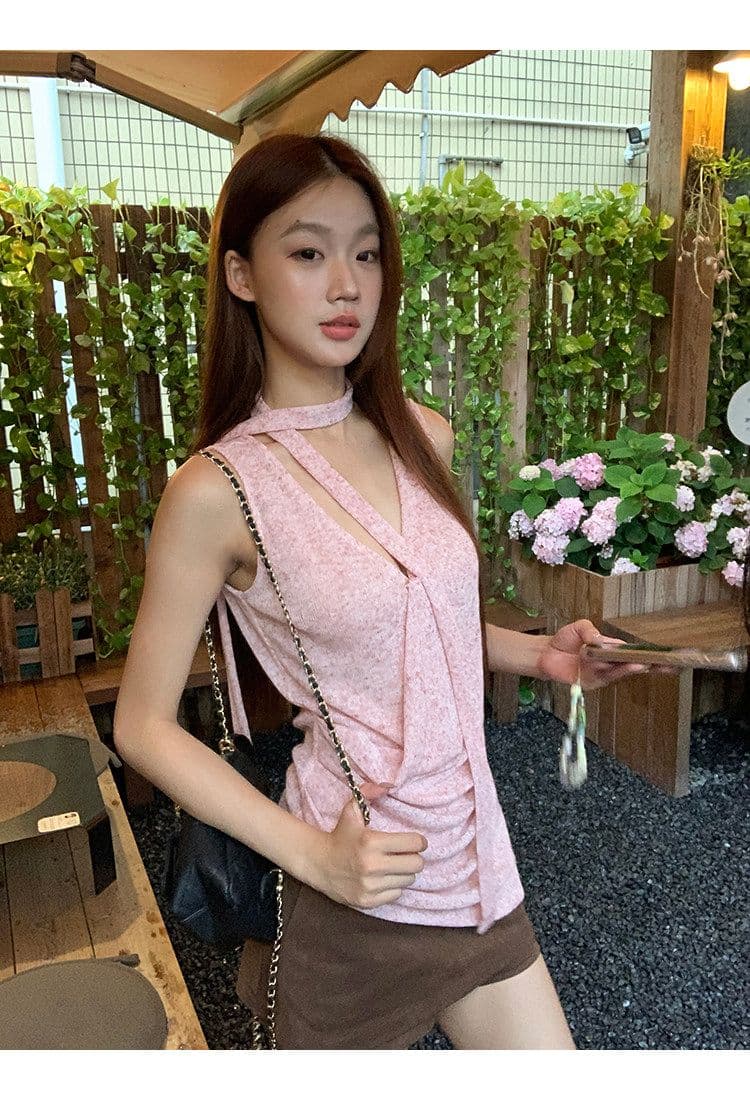 눈꽃 플러시 캐미솔 여름 외출용 아름다움 뒤로 프랑스식 핑크색 고급 센스 민소매 행침 목 맨위 상세 이미지 20