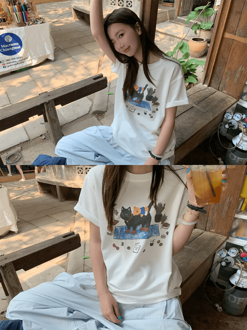 2026 한국 대외 무역 새로운 이후 패키지 칼라 여름 드레스 한 부서 반팔 티셔츠 여성 한국 스타일 루즈핏 빅 사이즈 프린트 상세 이미지 4