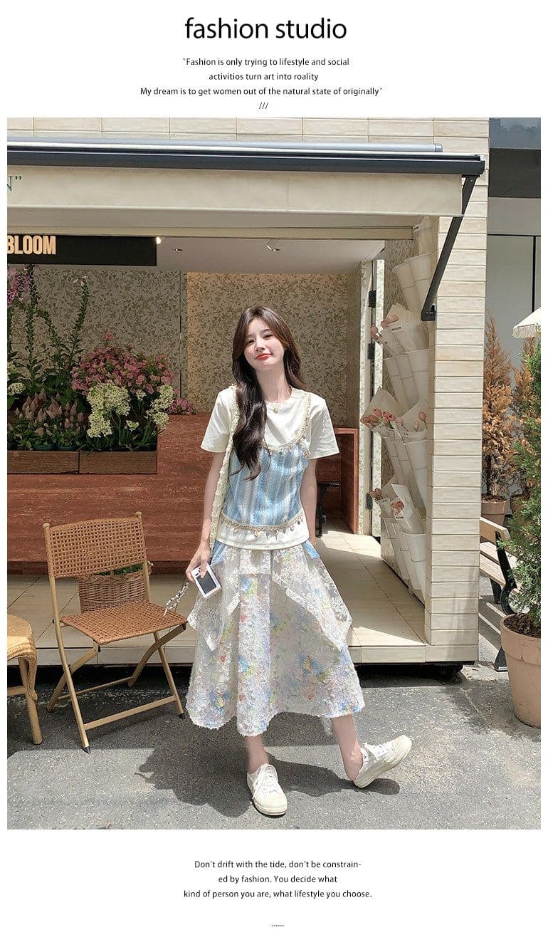 파란색 작은 청신 페이크 레이어드 반팔 티셔츠 세트 드레스 여성 2026 여름 연령 감소 꽃무늬 반신 스커트 투피스 세트 상세 이미지 2