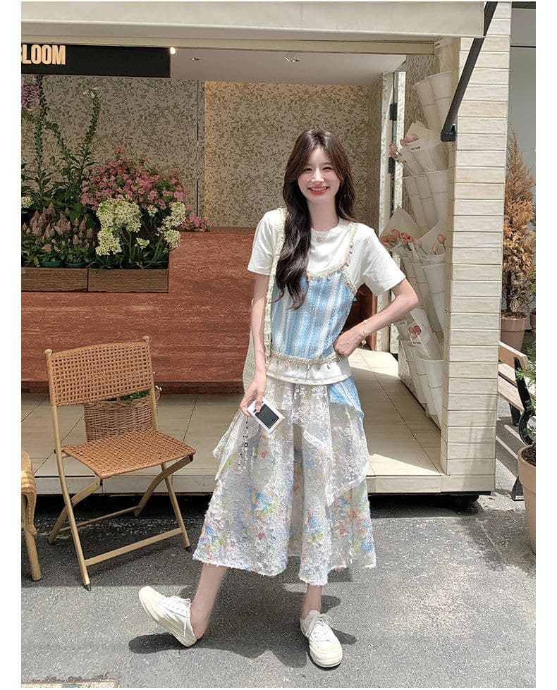 파란색 작은 청신 페이크 레이어드 반팔 티셔츠 세트 드레스 여성 2026 여름 연령 감소 꽃무늬 반신 스커트 투피스 세트 상세 이미지 16