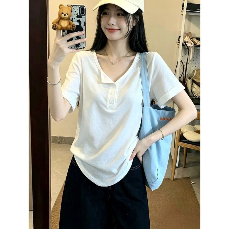 원본 눈꽃 면 반 개방 칼라 단색 반팔 티셔츠 여성 여름 한국 스타일 루즈핏 느긋한 느슨함 반소매 맨위 이미지 4