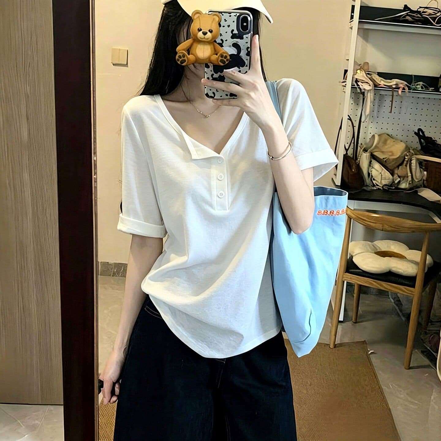 원본 눈꽃 면 반 개방 칼라 단색 반팔 티셔츠 여성 여름 한국 스타일 루즈핏 느긋한 느슨함 반소매 맨위 상세 이미지 2