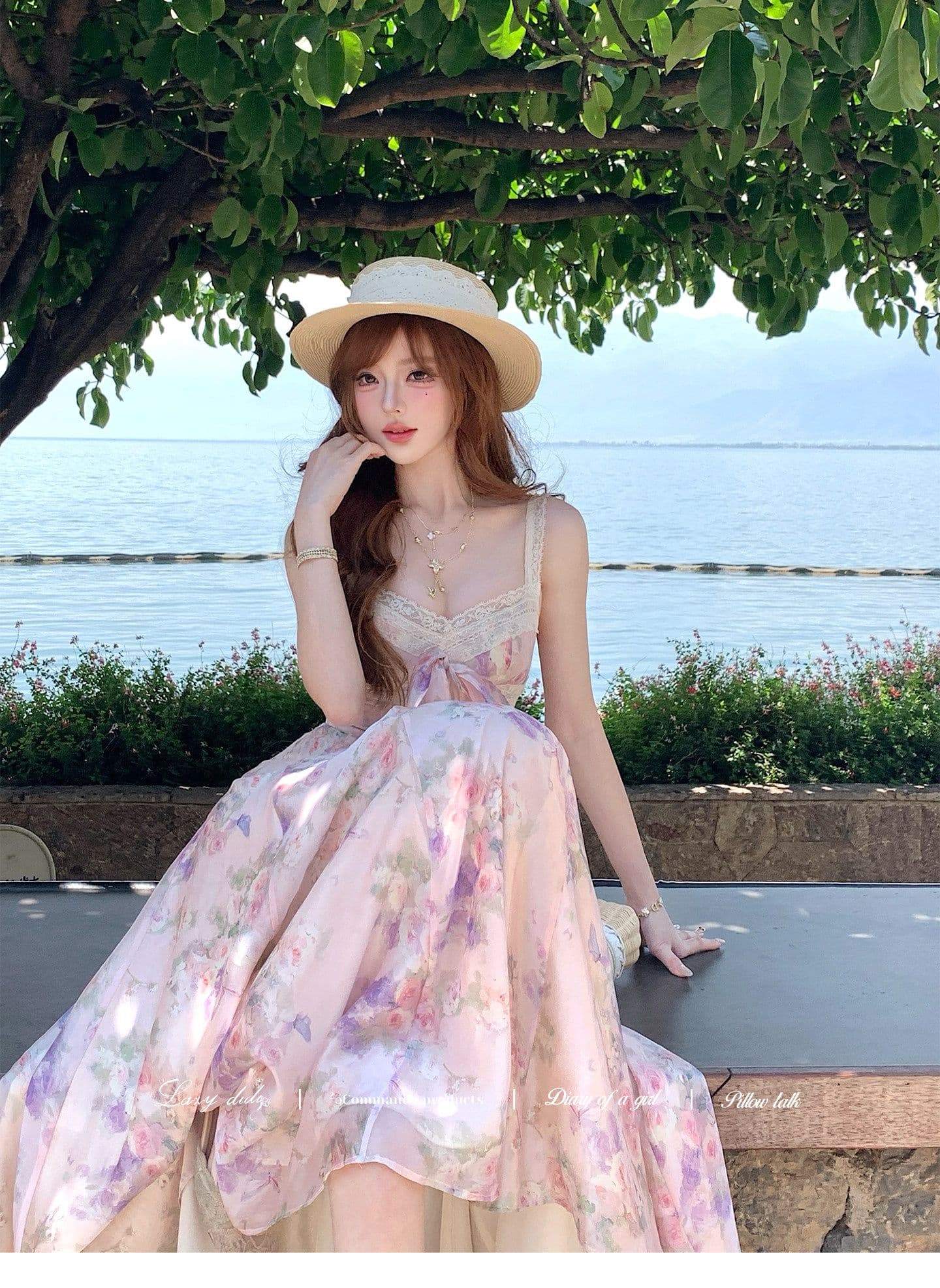 lazydidi 꽃 편지 암호 헤일로 염색 유화 꽃무늬 10 개입 서있는 자르다 허리 수축 드레스 슬립 큰 진자 롱 스커트 상세 이미지 5