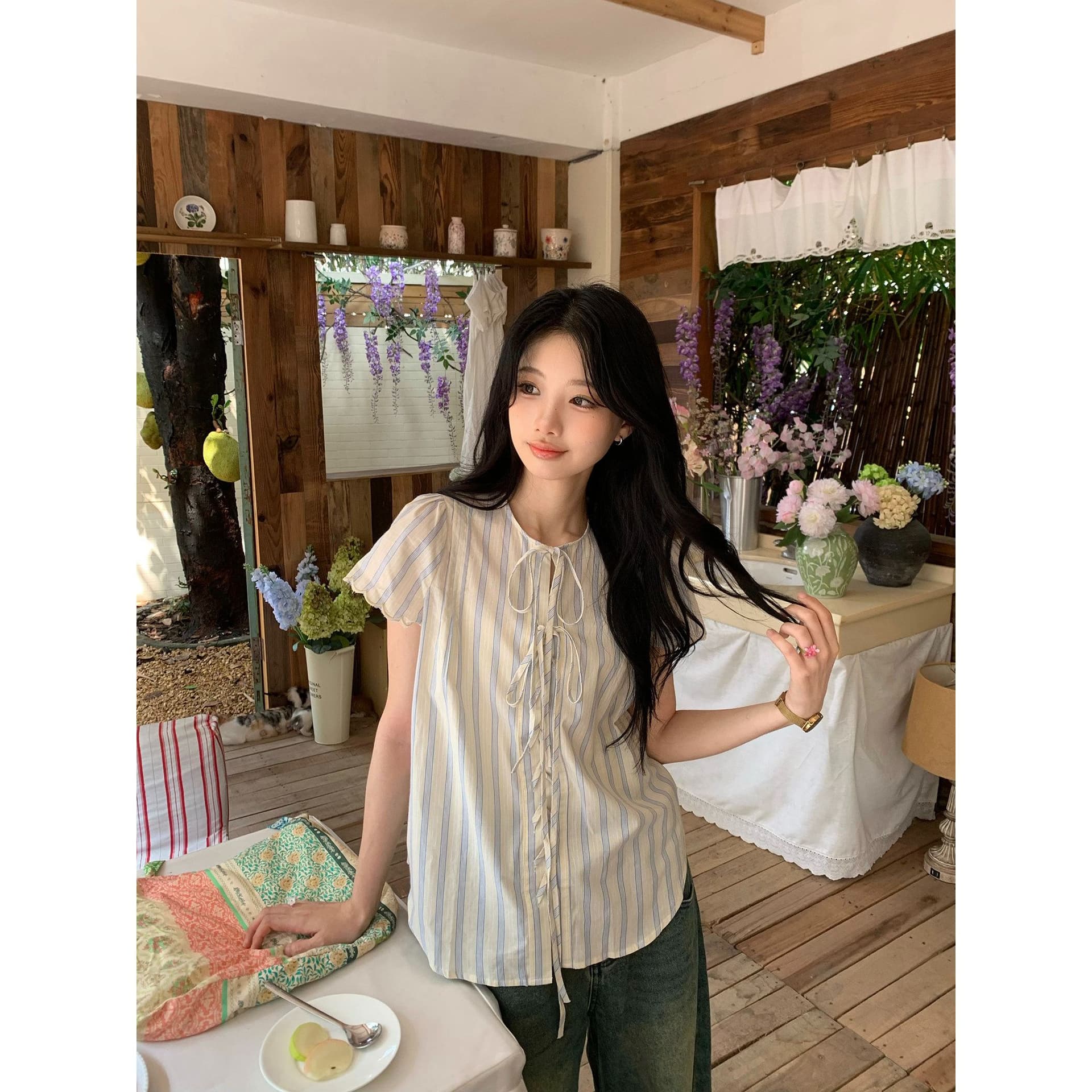 원본 셔틀 제직 기사 한 부서 스트라이프 반팔 여성 셔츠 여름 레이스 소매 레이스업 셔츠 루즈핏 캐주얼 이미지 2