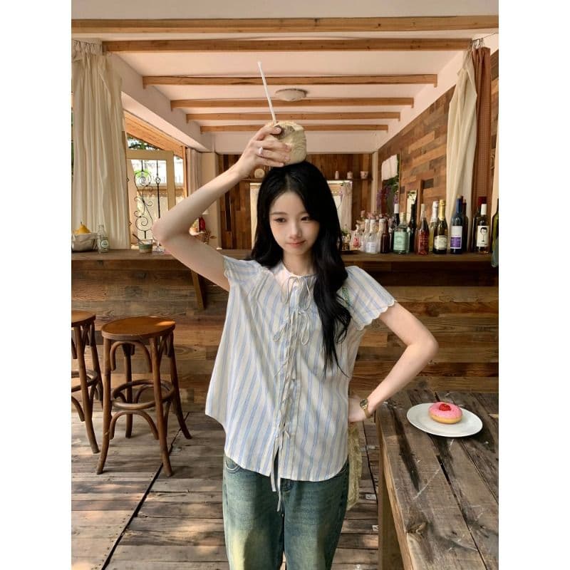 원본 셔틀 제직 기사 한 부서 스트라이프 반팔 여성 셔츠 여름 레이스 소매 레이스업 셔츠 루즈핏 캐주얼 이미지 3