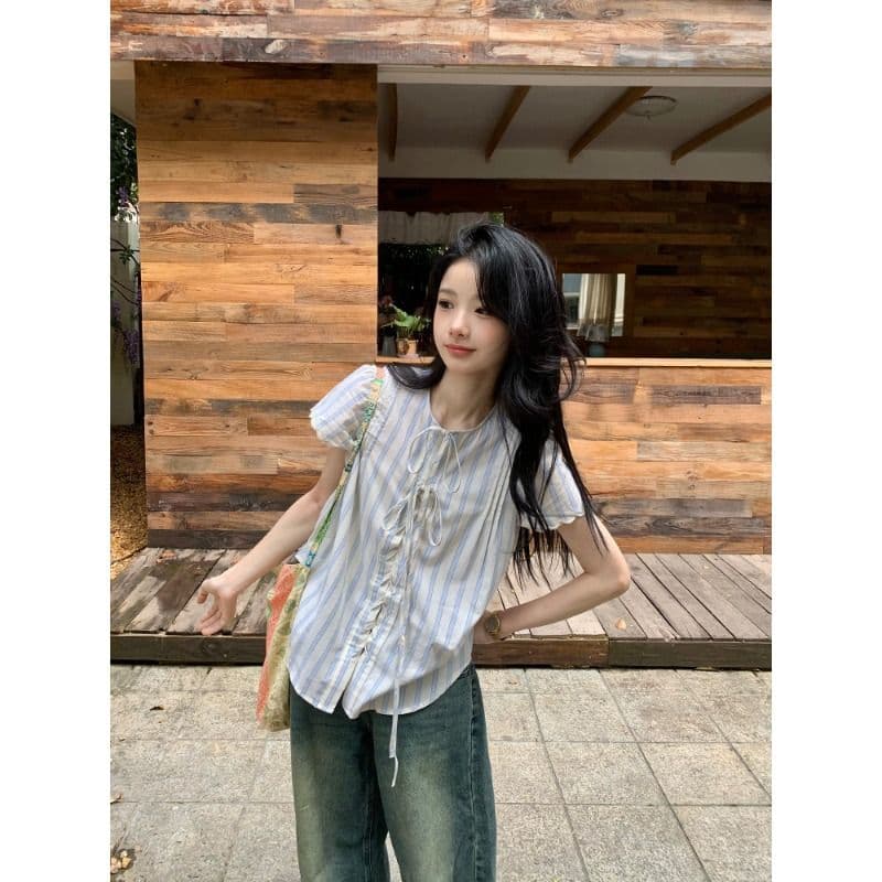 원본 셔틀 제직 기사 한 부서 스트라이프 반팔 여성 셔츠 여름 레이스 소매 레이스업 셔츠 루즈핏 캐주얼 이미지 5