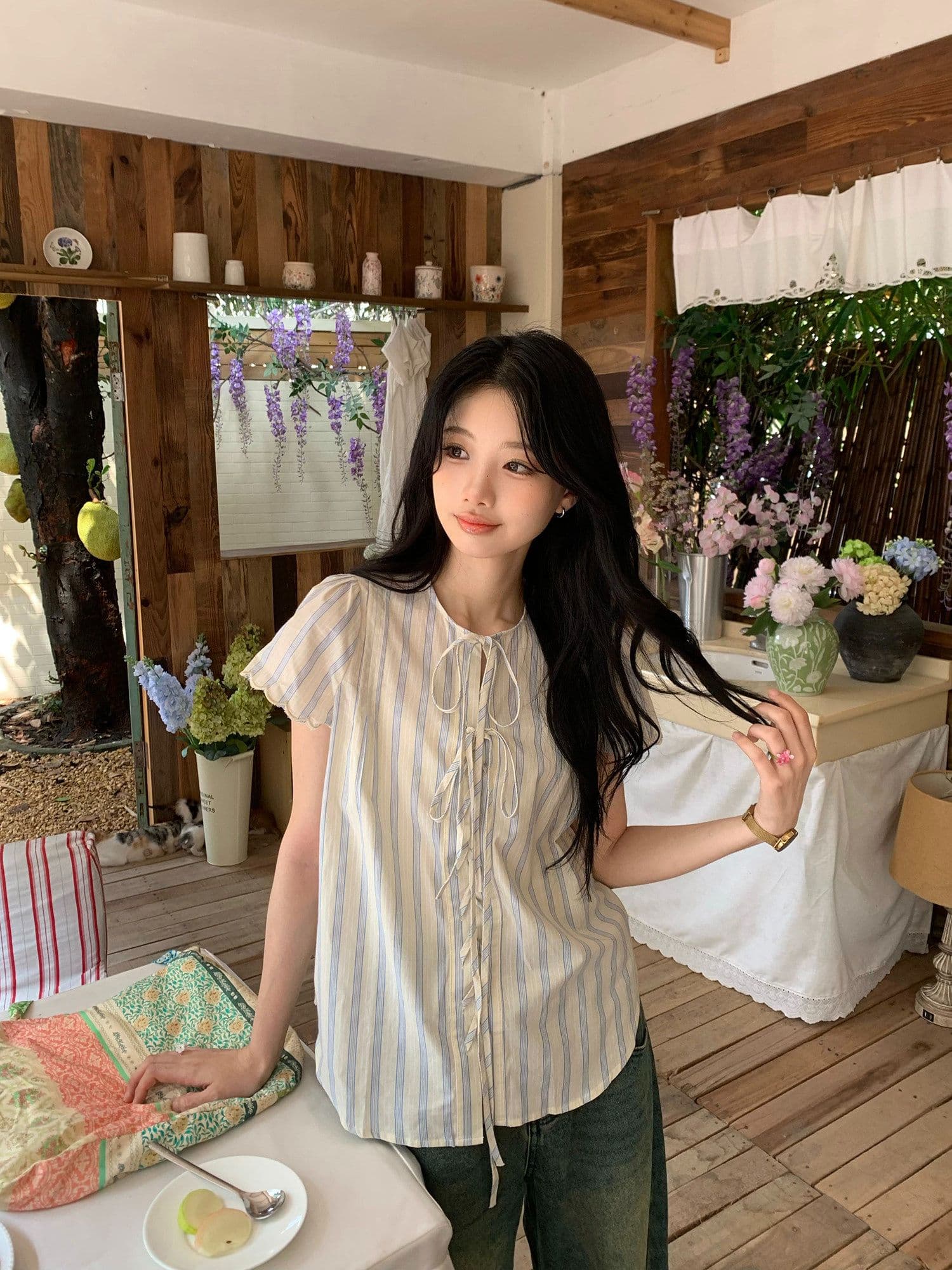 원본 셔틀 제직 기사 한 부서 스트라이프 반팔 여성 셔츠 여름 레이스 소매 레이스업 셔츠 루즈핏 캐주얼 상세 이미지 2