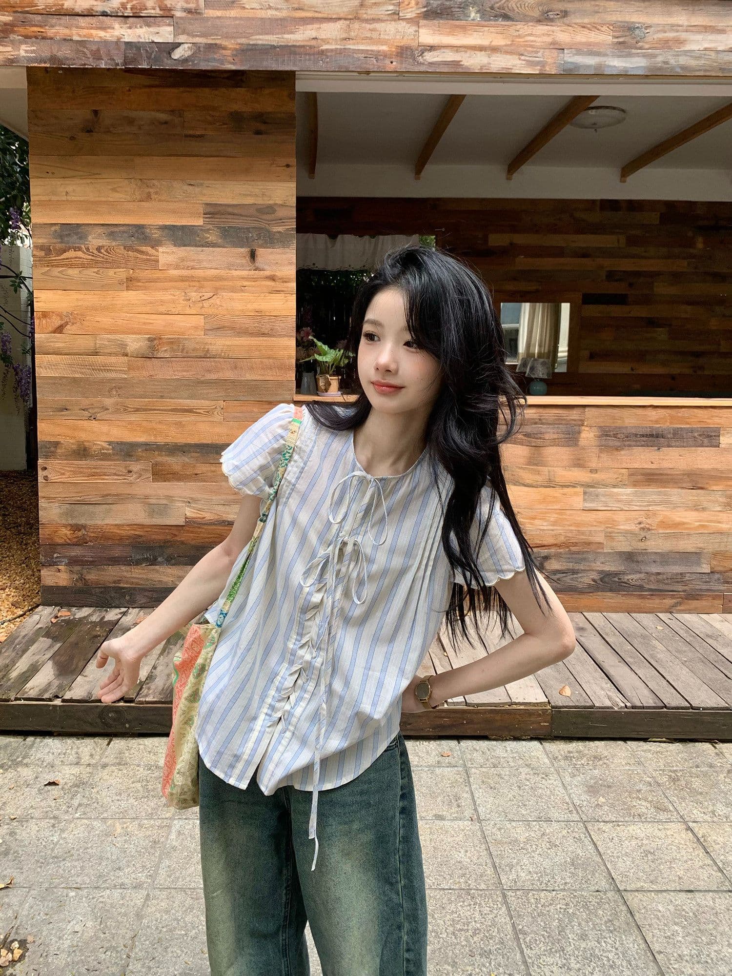 원본 셔틀 제직 기사 한 부서 스트라이프 반팔 여성 셔츠 여름 레이스 소매 레이스업 셔츠 루즈핏 캐주얼 상세 이미지 6