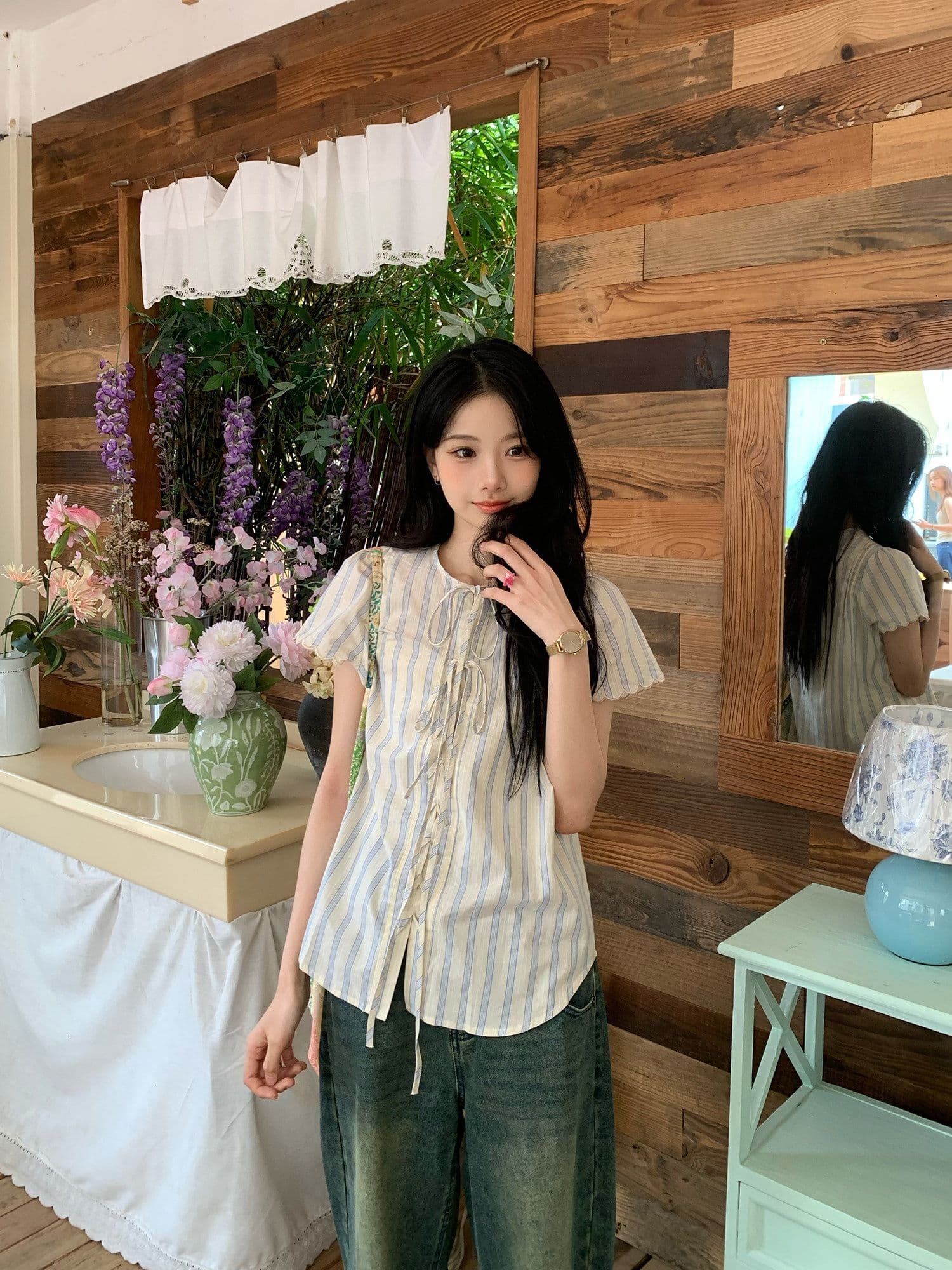 원본 셔틀 제직 기사 한 부서 스트라이프 반팔 여성 셔츠 여름 레이스 소매 레이스업 셔츠 루즈핏 캐주얼 상세 이미지 7
