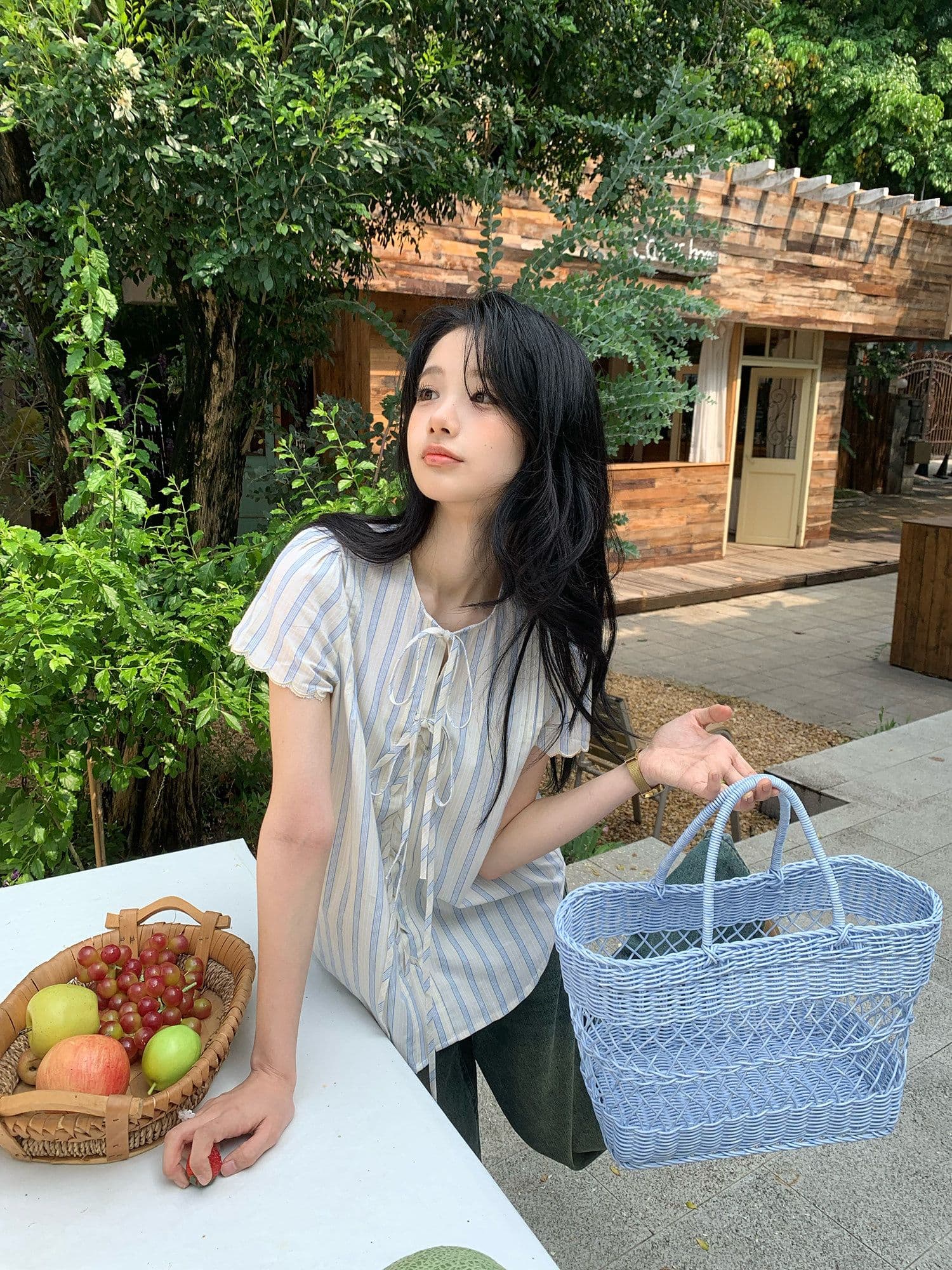원본 셔틀 제직 기사 한 부서 스트라이프 반팔 여성 셔츠 여름 레이스 소매 레이스업 셔츠 루즈핏 캐주얼 상세 이미지 9