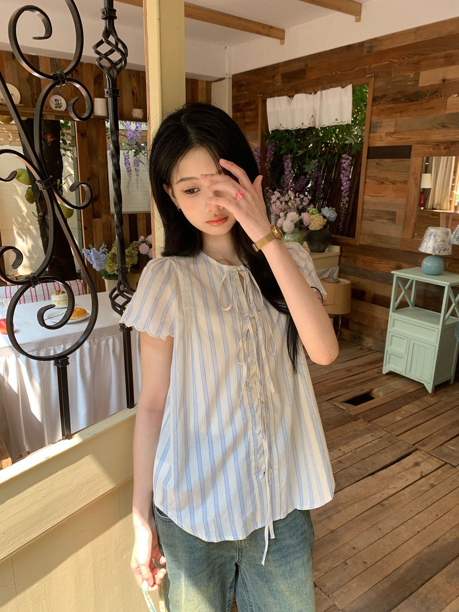 원본 셔틀 제직 기사 한 부서 스트라이프 반팔 여성 셔츠 여름 레이스 소매 레이스업 셔츠 루즈핏 캐주얼 상세 이미지 11