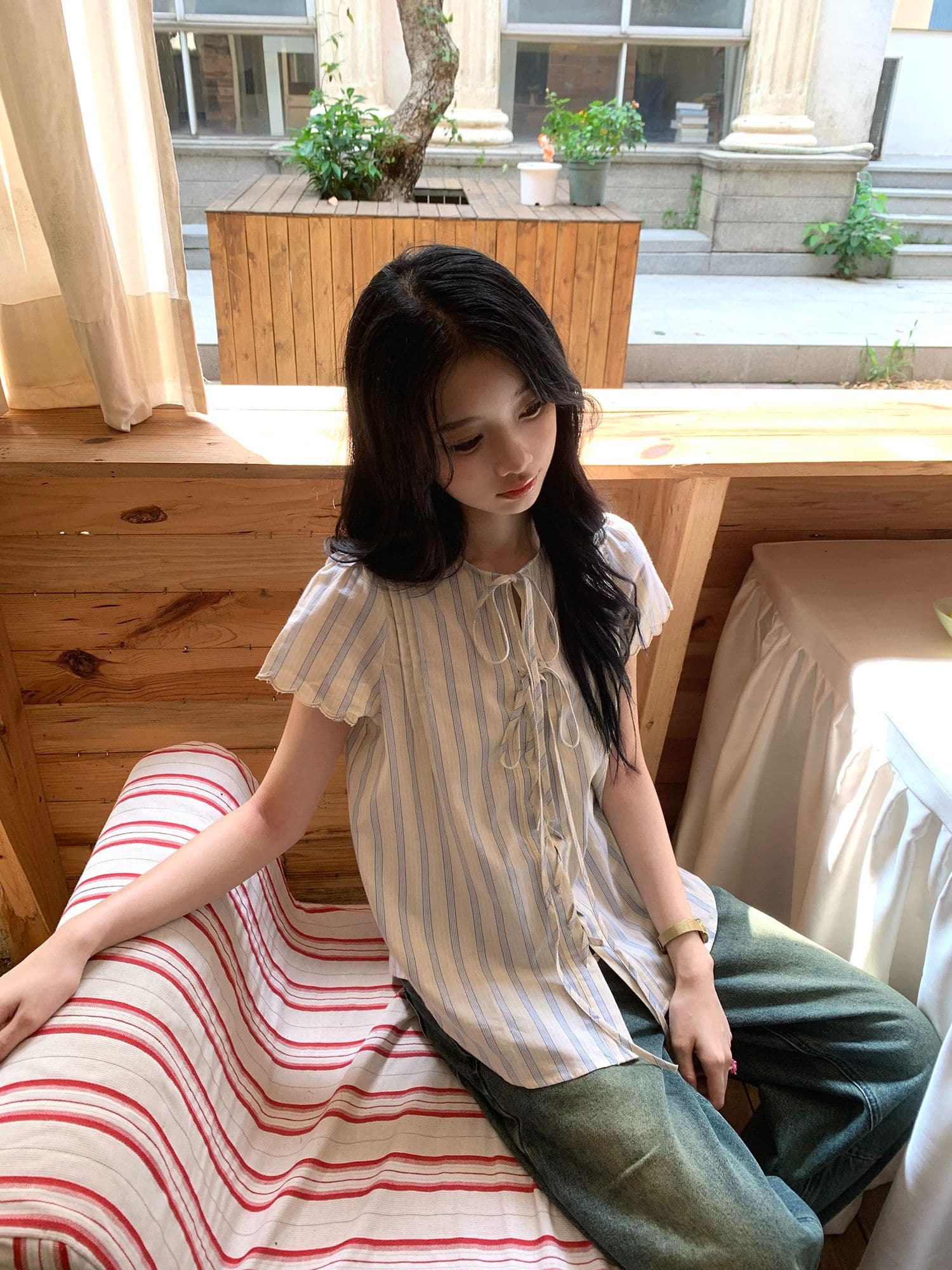 원본 셔틀 제직 기사 한 부서 스트라이프 반팔 여성 셔츠 여름 레이스 소매 레이스업 셔츠 루즈핏 캐주얼 상세 이미지 13