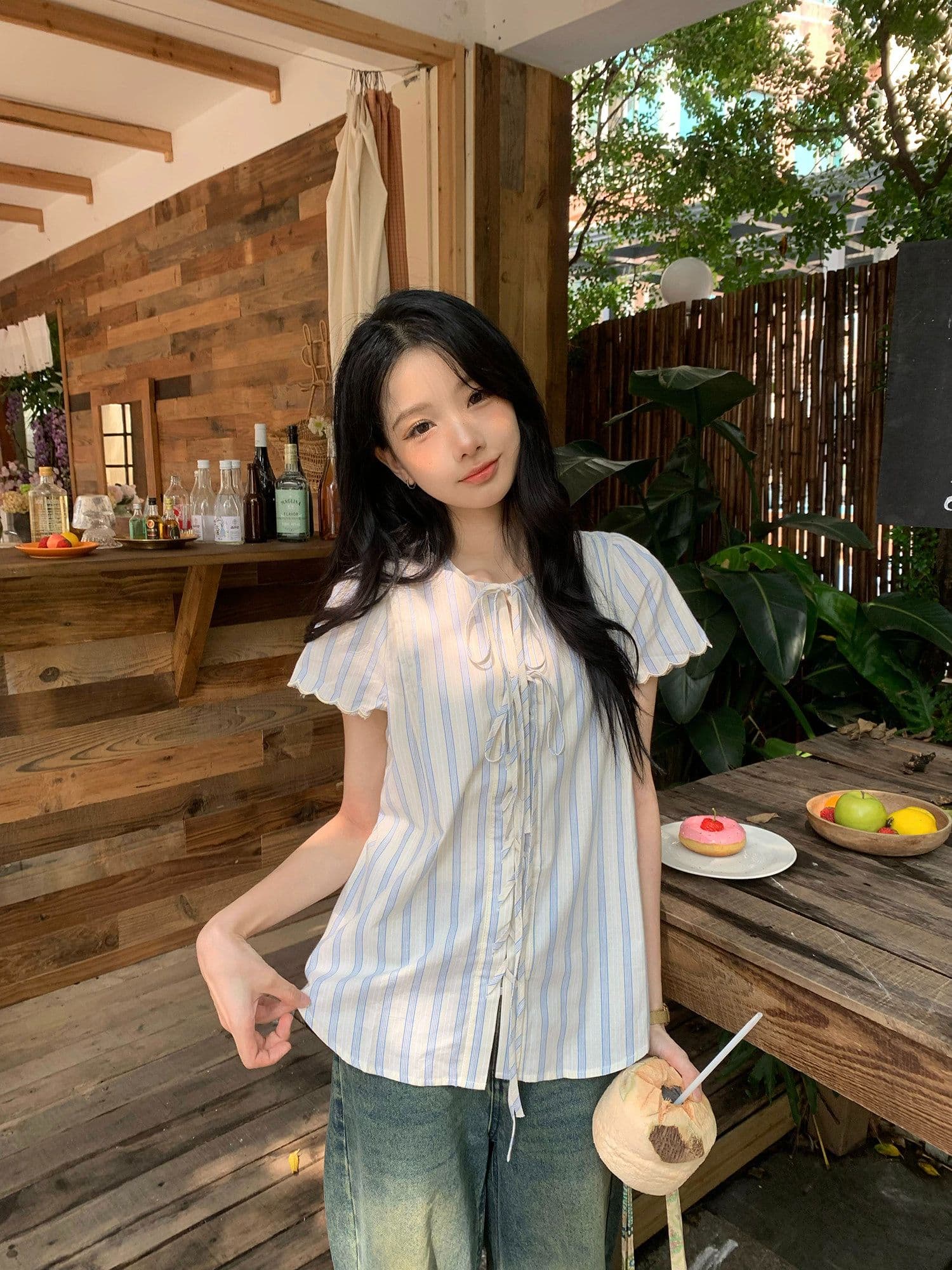 원본 셔틀 제직 기사 한 부서 스트라이프 반팔 여성 셔츠 여름 레이스 소매 레이스업 셔츠 루즈핏 캐주얼 상세 이미지 14