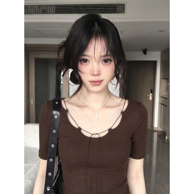 260 그램 사람들 면 커피 색상 반팔 티셔츠 여성 여름 디자인 센스 몸매 가꾸기 슬림해 보이는 작은 대중 맨위 이미지 5