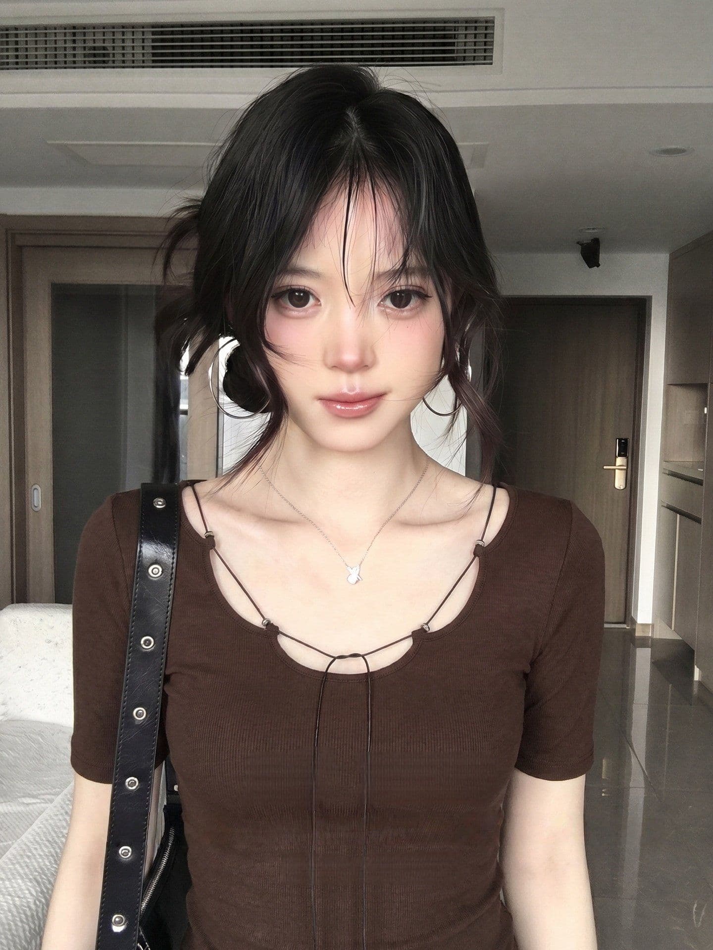 260 그램 사람들 면 커피 색상 반팔 티셔츠 여성 여름 디자인 센스 몸매 가꾸기 슬림해 보이는 작은 대중 맨위 상세 이미지 6
